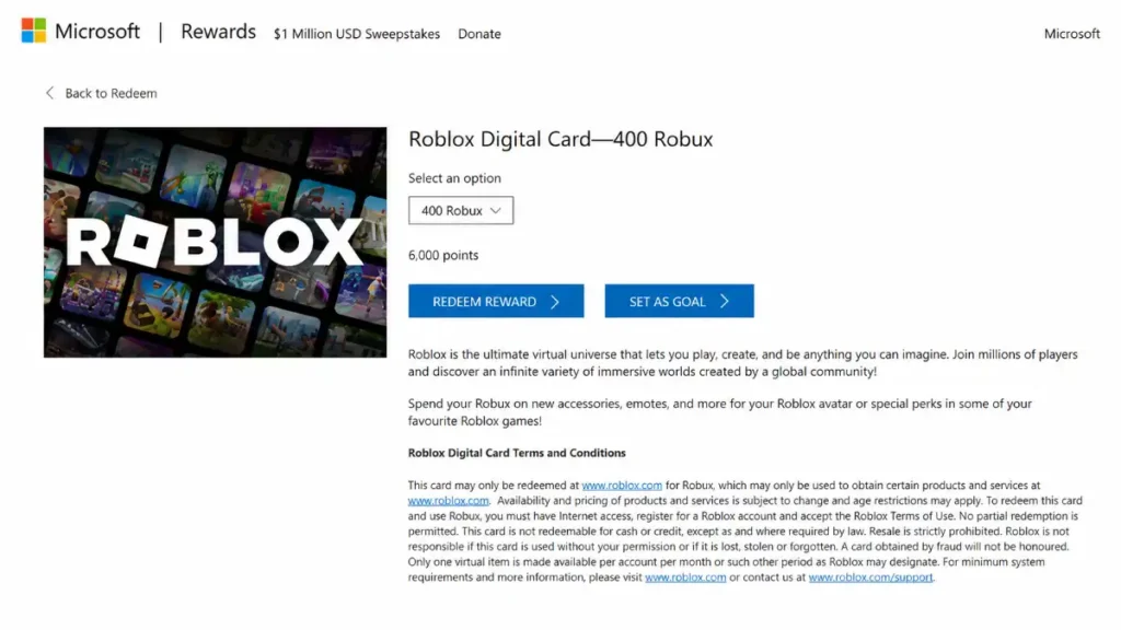 Microsoft Rewards Redeem page